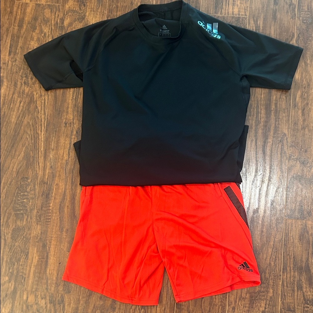Adidas Black Tee and Bright Red Shorts